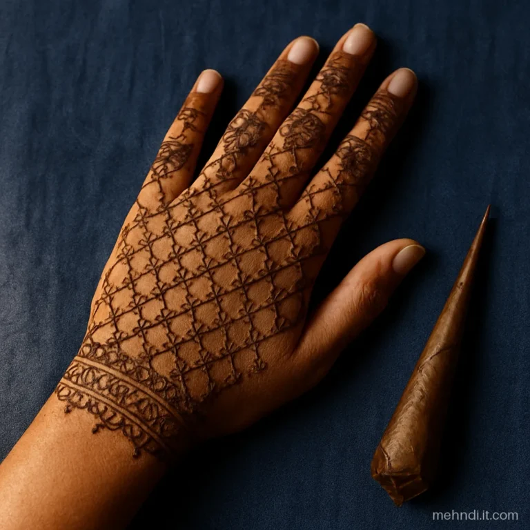 Back of hand covered in a net where every gap holds a small flower