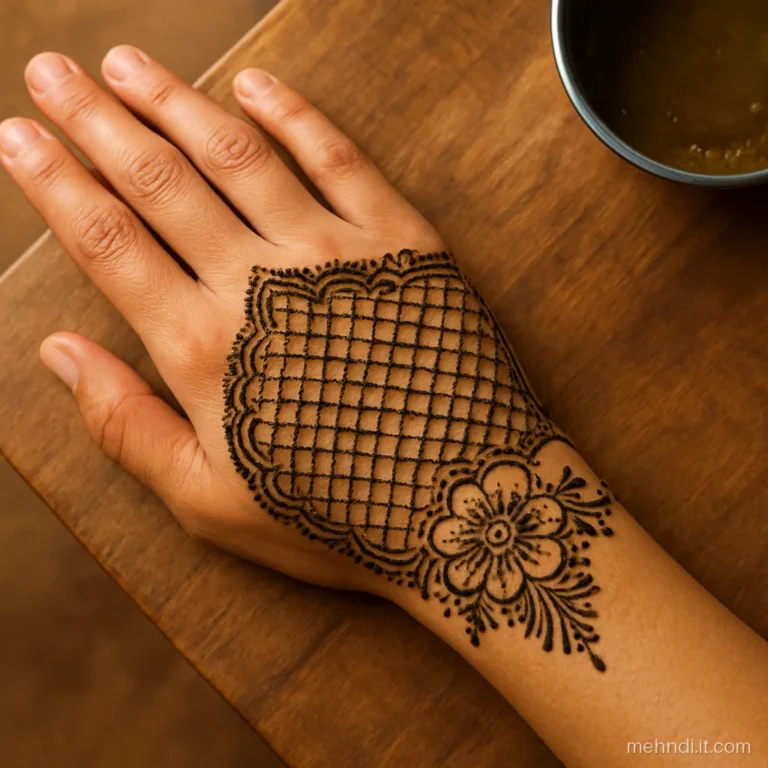 Lace style gauntlet covering hand back and forearm with net and scallops