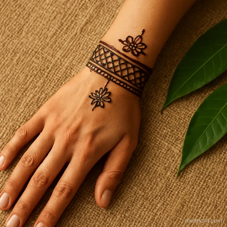 Two wide kangan bands at the wrist with a jaal strip between them
