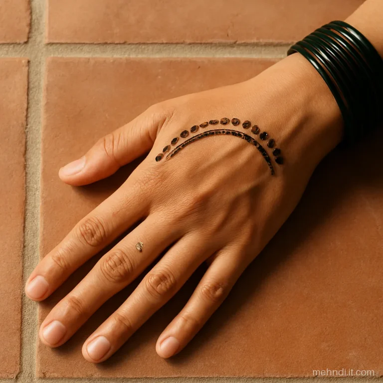Simple mehndi design backside with a curved dot row across the knuckles