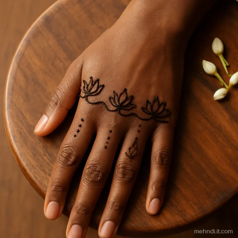 Small lotus flowers sitting on each knuckle in a row