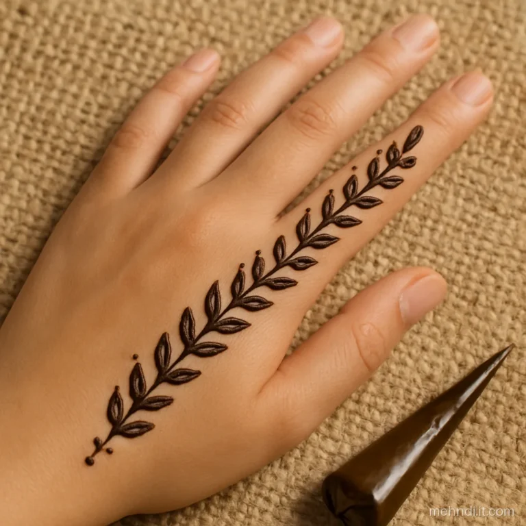 Slanted design from the ring finger down to the wrist with dots and leaves