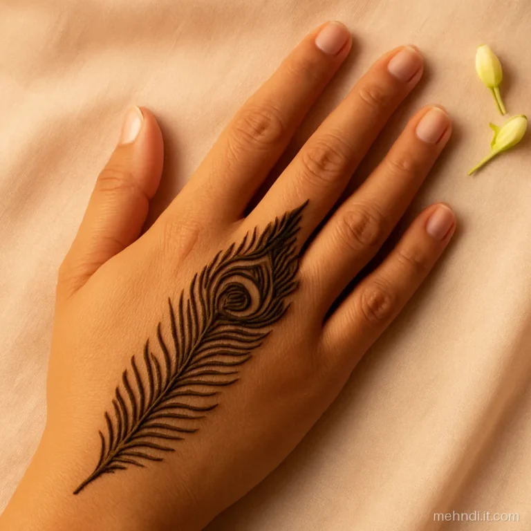 Long peacock feather along the side edge of the hand to the thumb