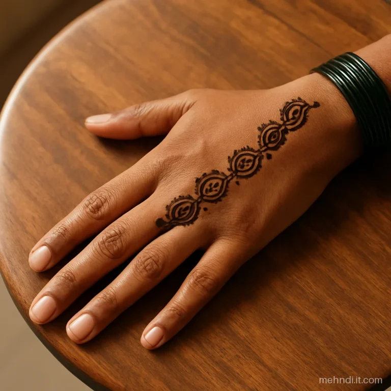 Chain of small paisleys climbing the side of the hand to the index finger