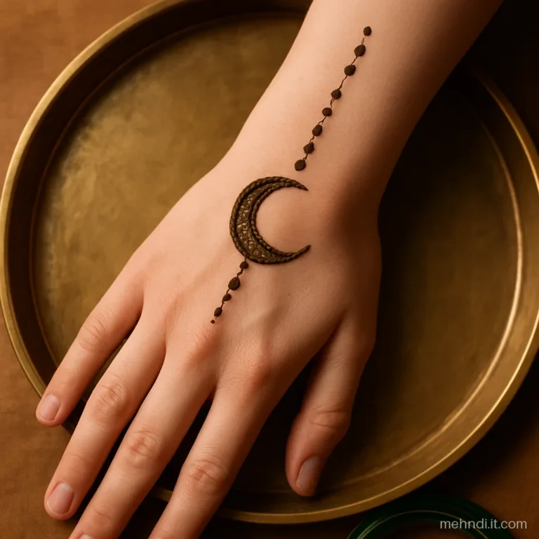 Crescent moon at the wrist bone with a drop chain up the forearm