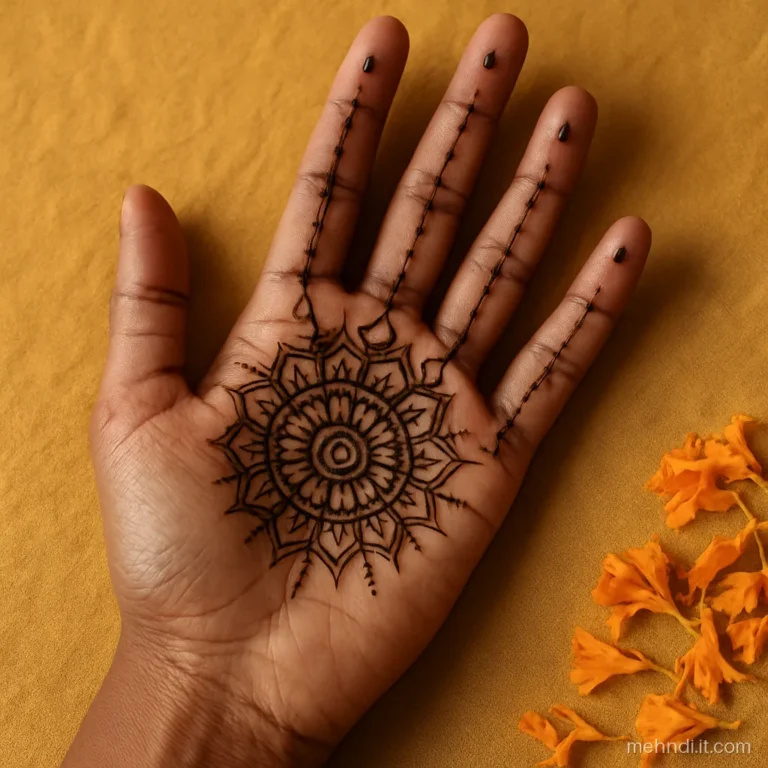 Mandala at the base of palm with jaal rising toward fingers