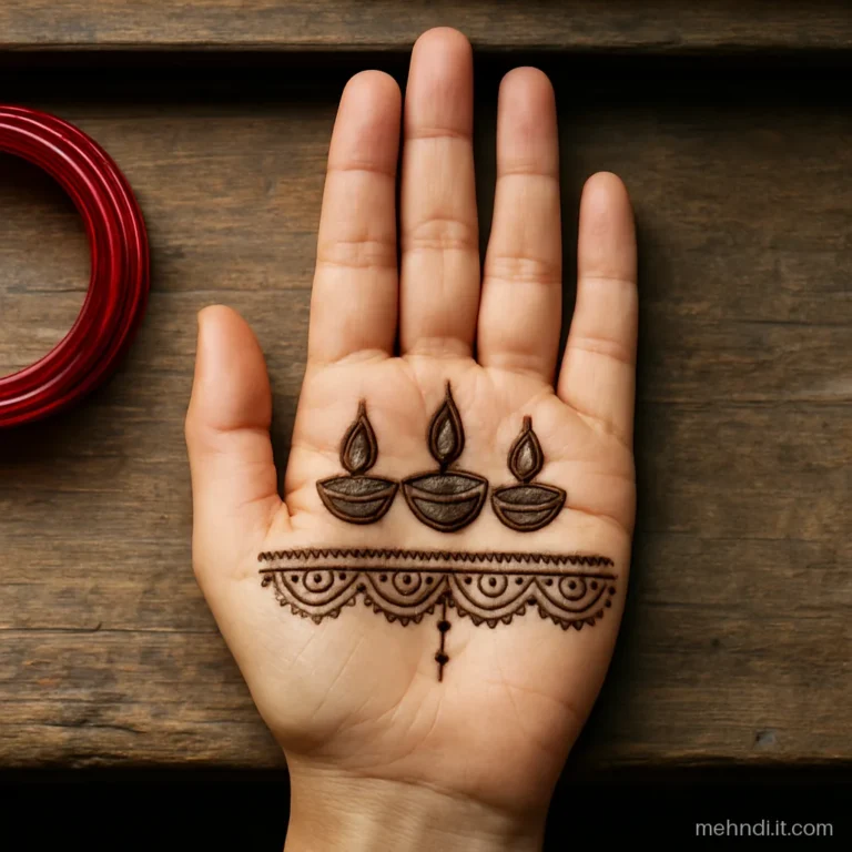 Row of three diyas across the palm with flame details