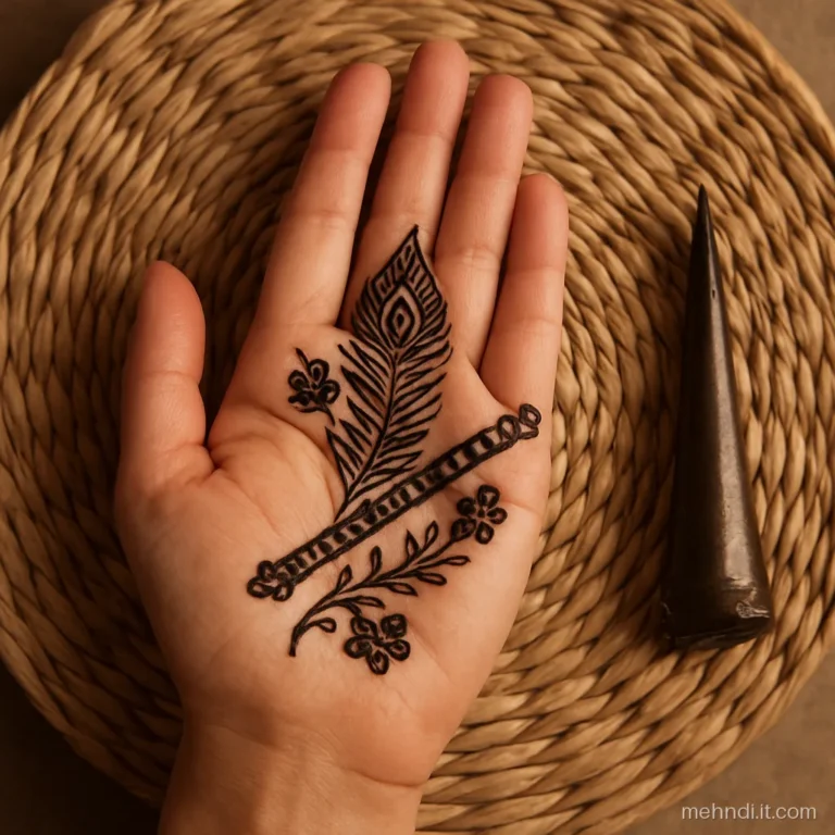 Flute with a peacock feather across the palm for Janmashtami