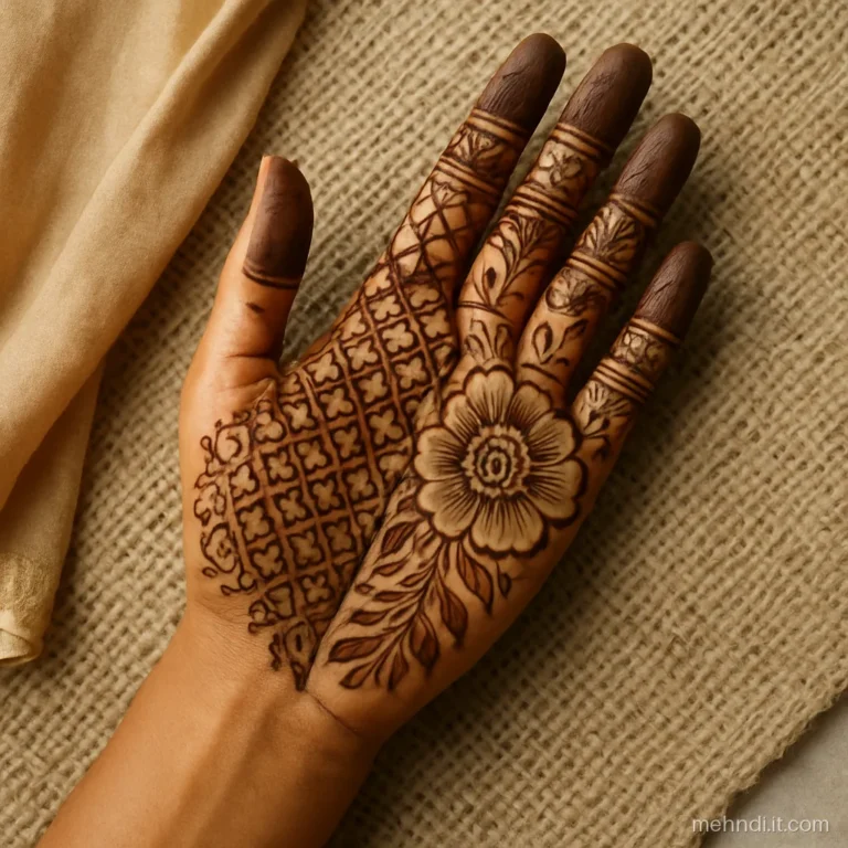 Palm split diagonally into jaal half and a large flower half