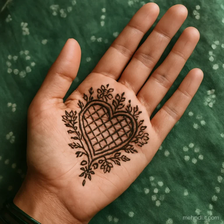 Palm with a heart shaped jaal window and flowers around it