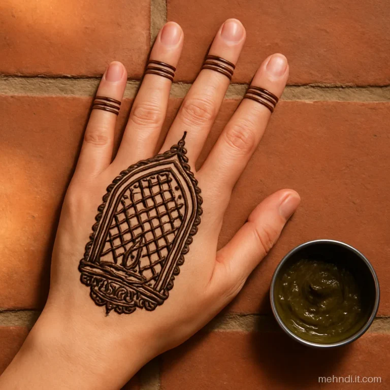 Jharokha arch on the palm filled with jaal and a small diya