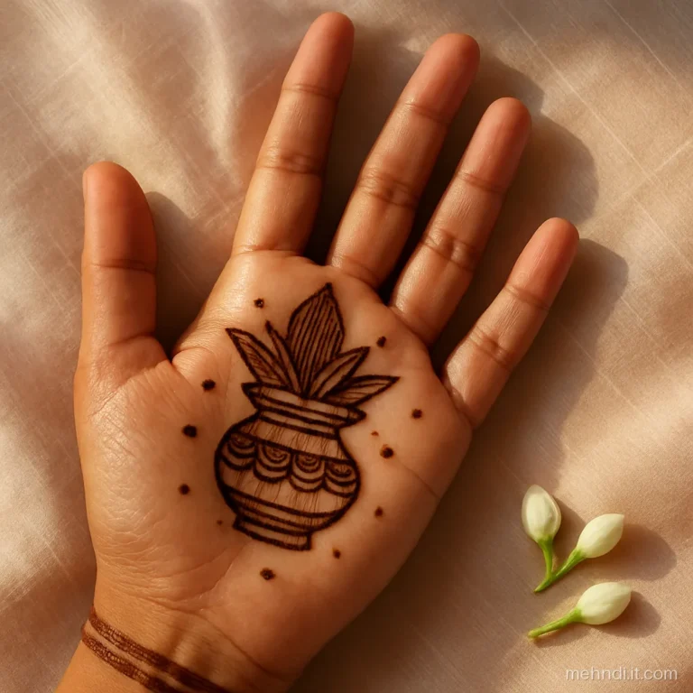 Kalash with mango leaves and coconut on the palm with dots