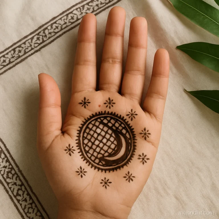 Palm with crescent moon and sieve chalni motif for Karva Chauth