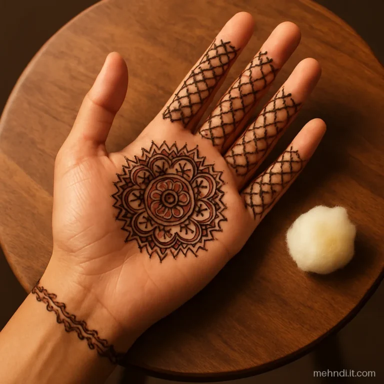 Palm mandala with fine jaal filling all the fingers
