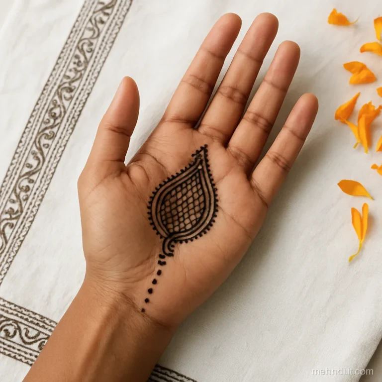 Single paisley with trailing dots across the middle of the palm