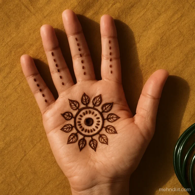 Circle of small leaves around a dotted centre on the palm
