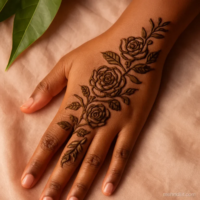 Diagonal garden of roses and leaves from index finger to wrist