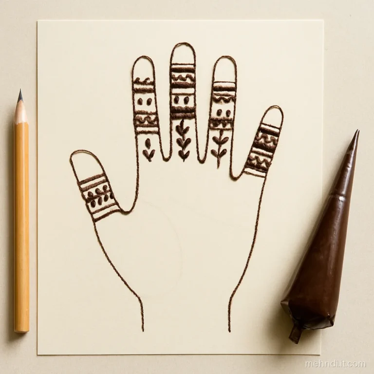 Paper with drawn finger outlines showing simple henna band patterns