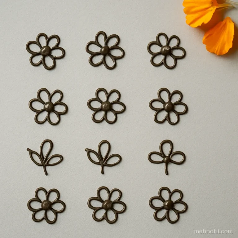 Practice sheet with rows of small five petal henna flowers with dot centres