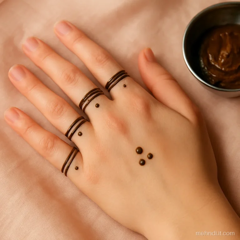 Back of hand with simple henna bands on each finger and a dot cluster