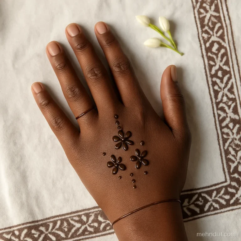 Palm with three small five petal flowers in a cluster and a few dots