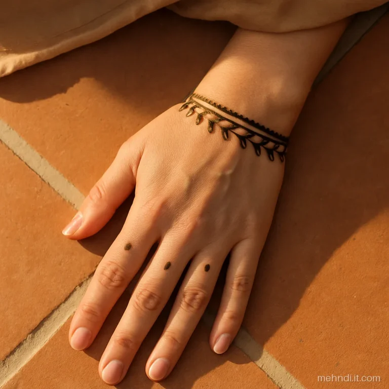 Wrist with a plain henna band of dots and leaves, rest of hand bare
