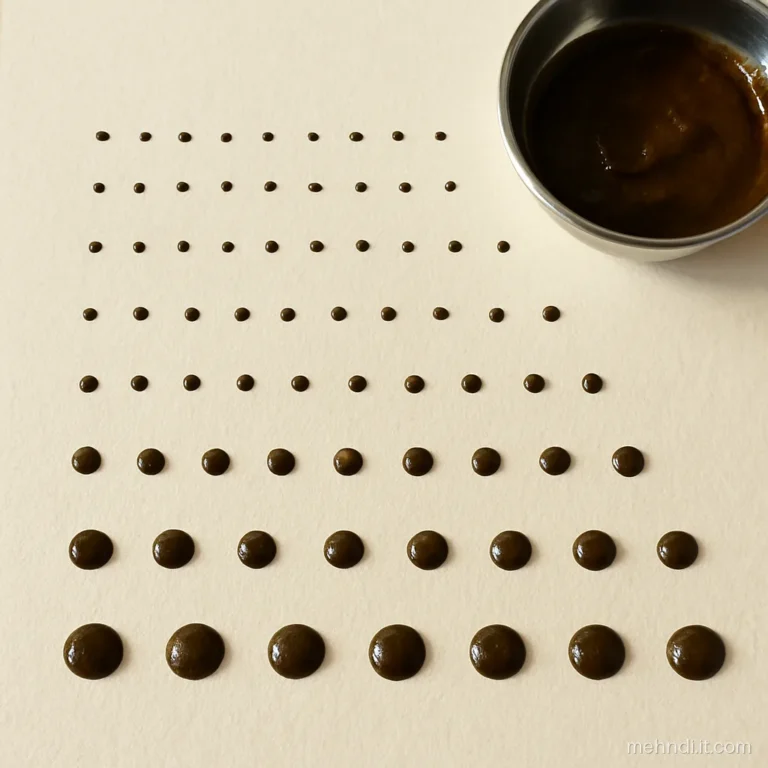 Practice sheet with neat rows of henna dots in small, medium and large sizes