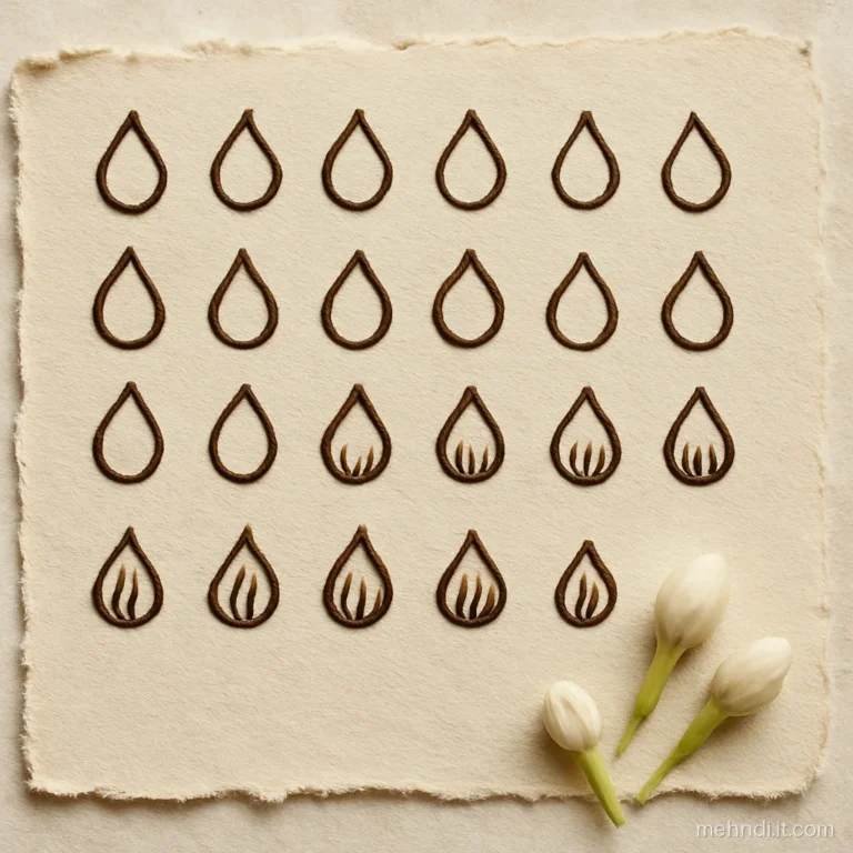 Henna practice page with single petals, double outline petals and shaded petals