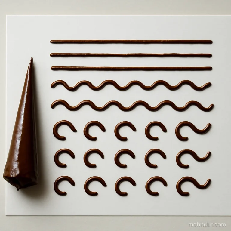 Paper sheet with henna straight lines, wavy lines and C curves in rows