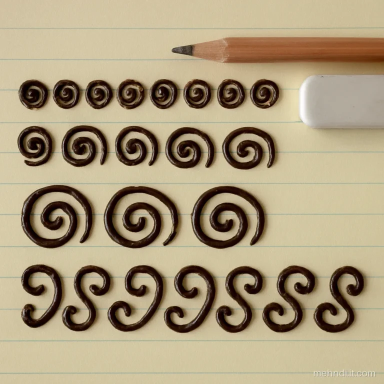 Practice sheet with small henna spirals and S swirls of different sizes