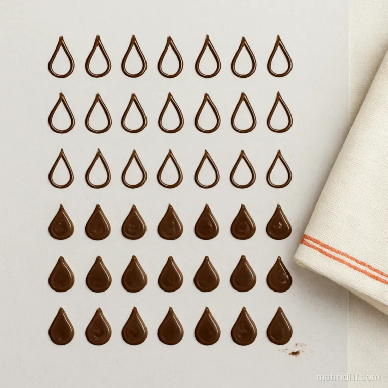 Practice sheet filled with rows of henna teardrops, both outlined and filled