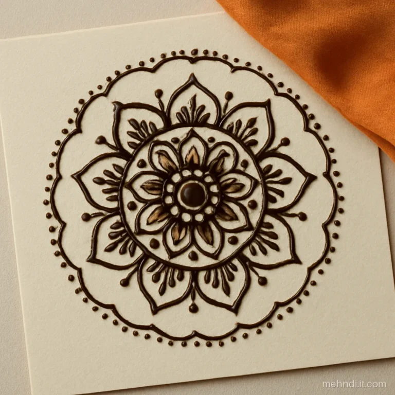 Finished henna mandala on paper with shading, swirls and dot border
