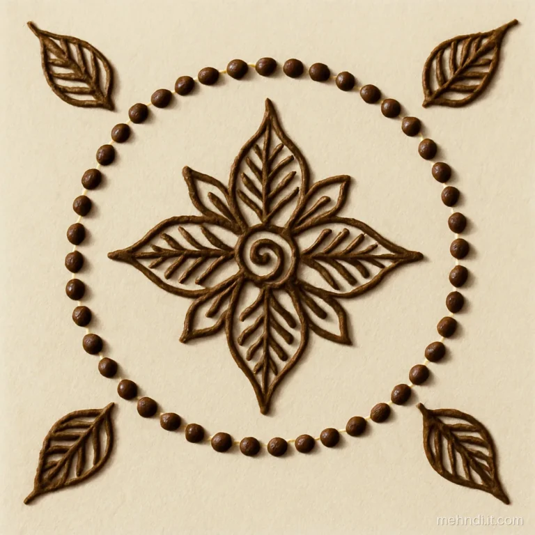 Henna practice design with a dotted border joining the leafy arms in a circle