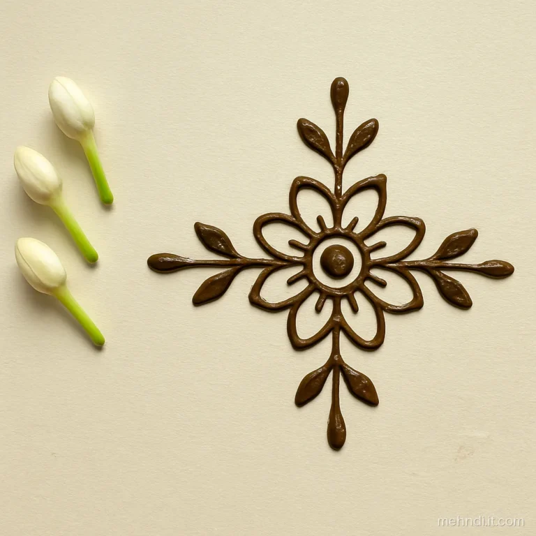 Flower design on paper with four leafy arms reaching out from the petals