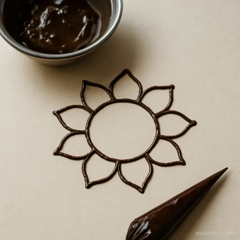 Henna circle with a ring of eight petals added around it on paper