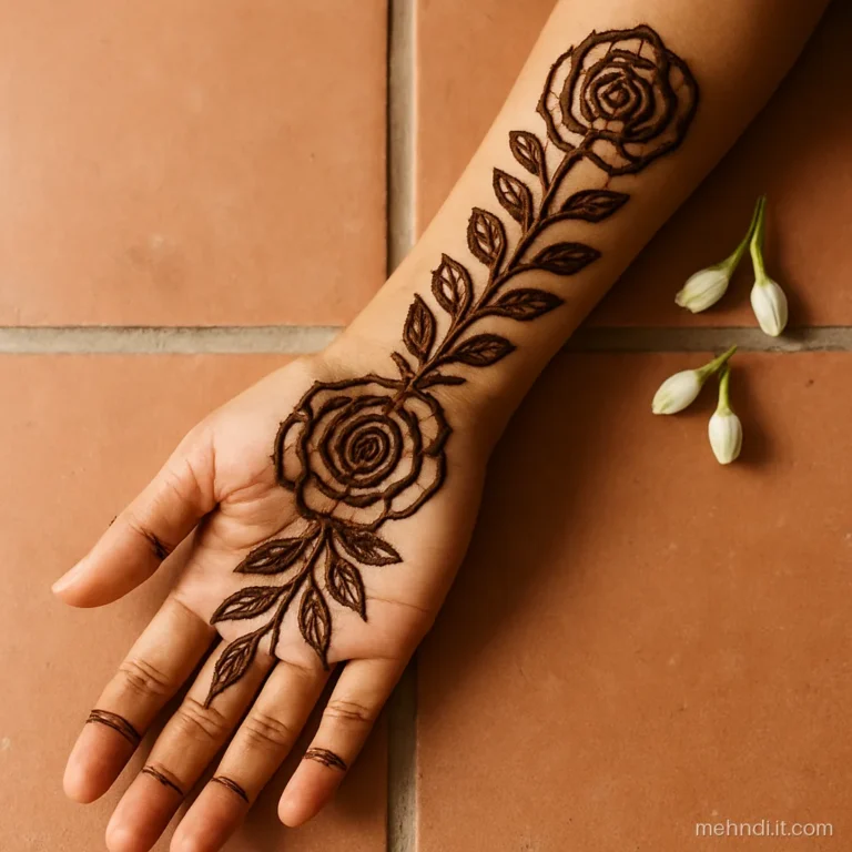 Full hand Arabic bridal design with large roses and wide gaps of bare skin.
