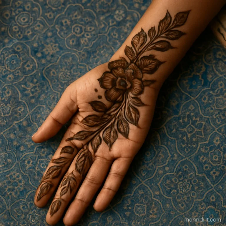 Arabic bridal mehndi with bold shaded petals running diagonally to the elbow.