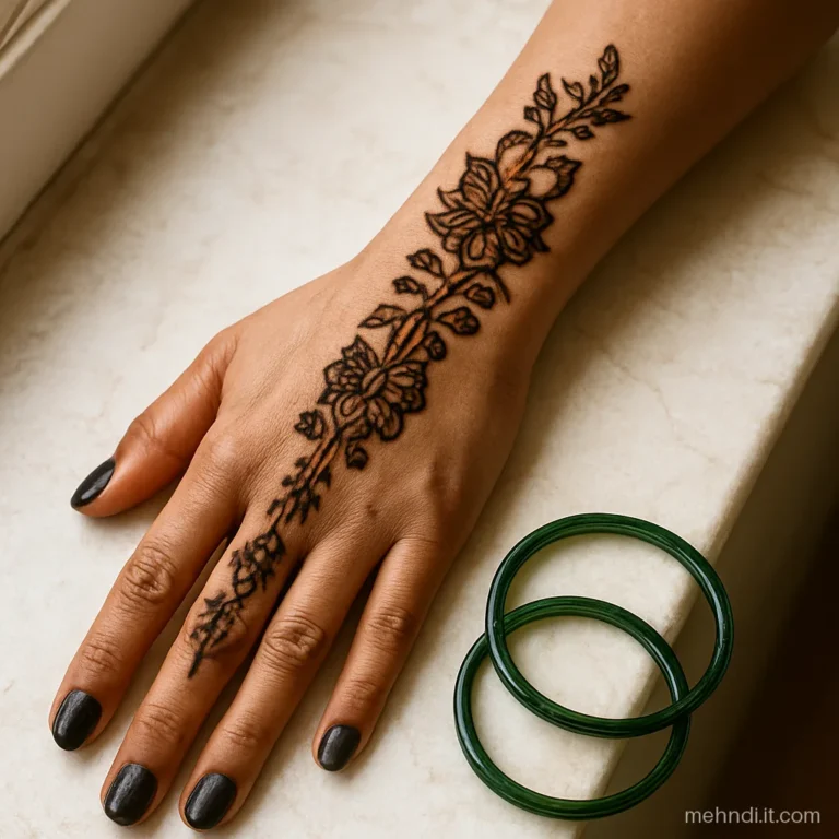 Back of the bride's arm with an Arabic flower trail from fingers to elbow.