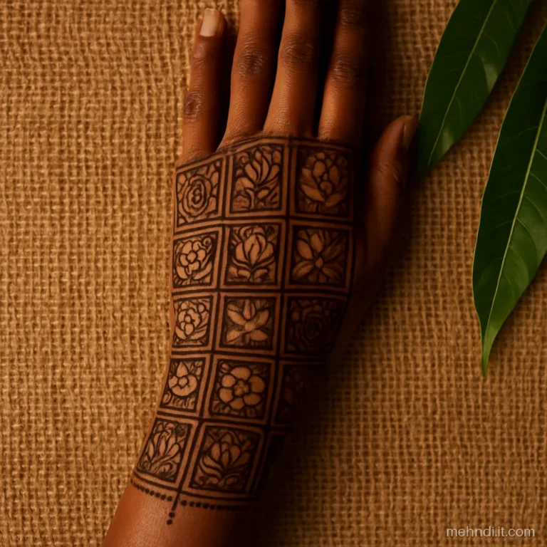 Bridal back hand mehndi in square floral blocks running up the forearm.