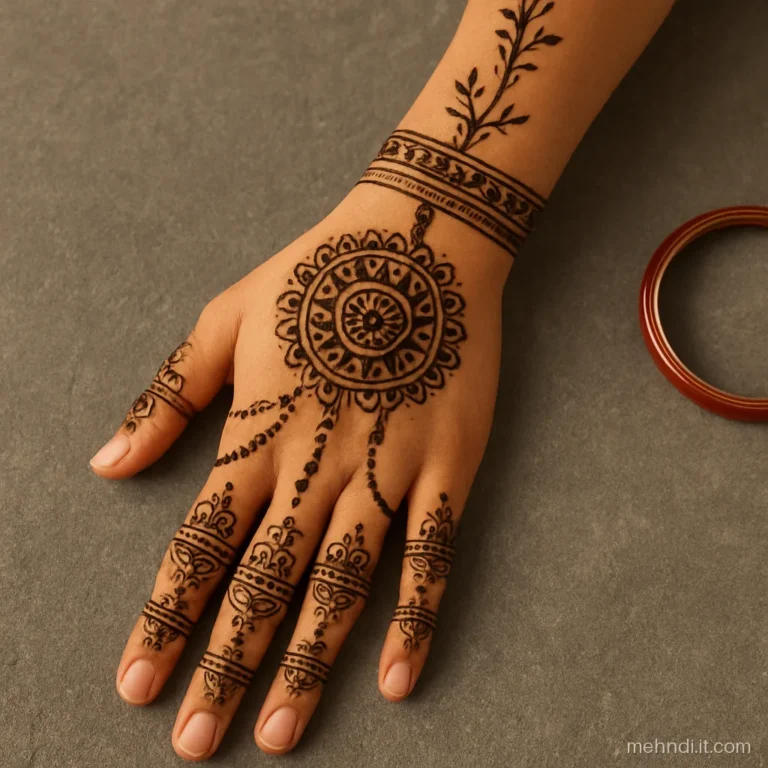 Back hand bridal mehndi drawn like a jewelled haath phool with chains and rings.