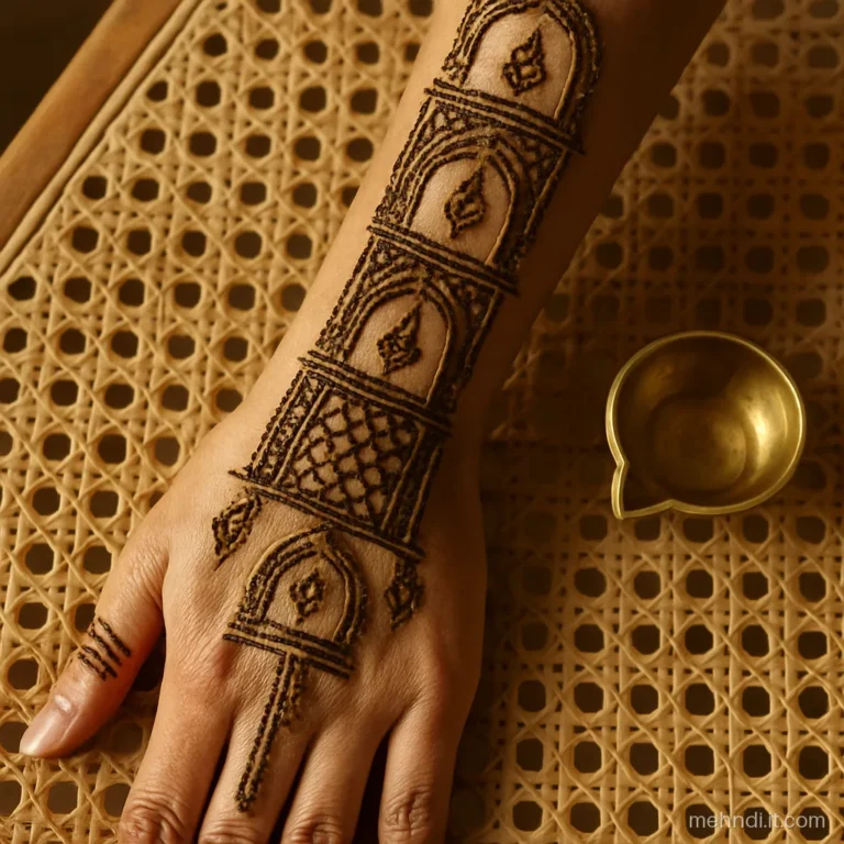 Back hand bridal design with jharokha window arches stacked up to the elbow.
