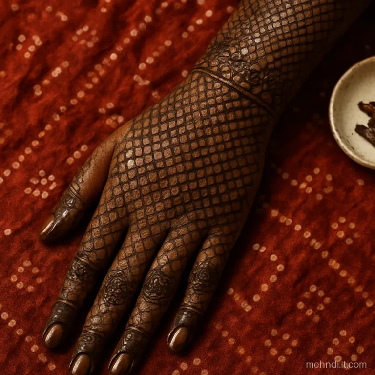 Back of bride's hand and forearm with a fine net sleeve and finger caps.
