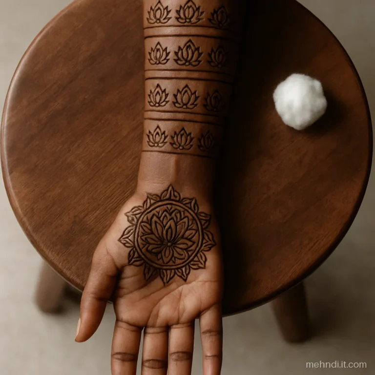 Full arm bridal mehndi with stacked lotus bands climbing from wrist to elbow.