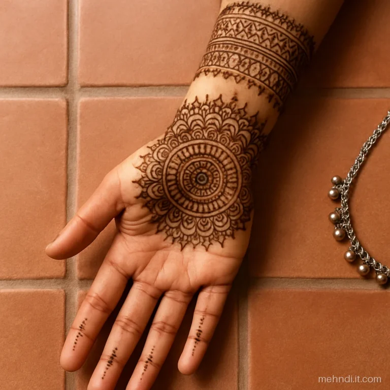Bridal mehndi sleeve with a big palm mandala and petal rings up the forearm.
