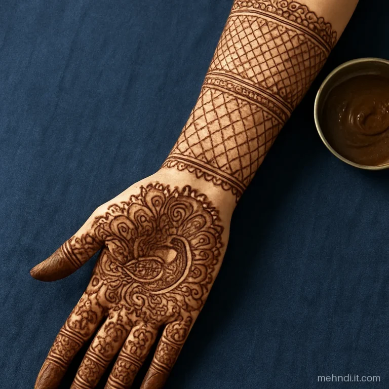 Bride's palm and forearm covered to the elbow in peacock motifs and fine jaal.