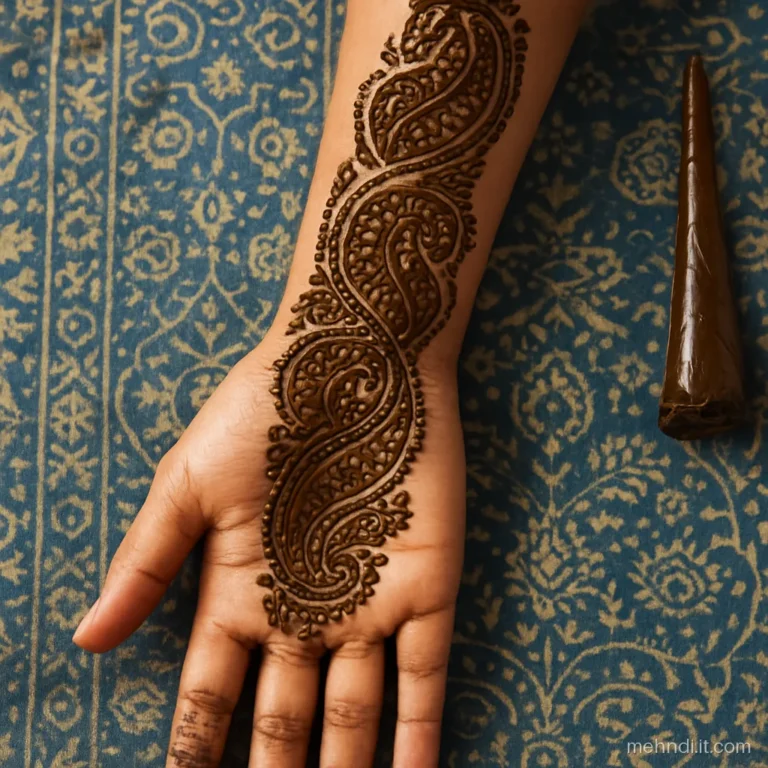 Flowing chain of large paisleys running from the palm up to the elbow.