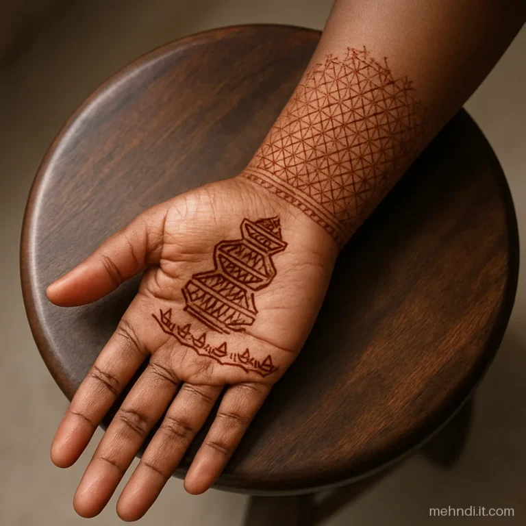 Gujarati style bridal mehndi with stacked garba pots and a border of diyas.