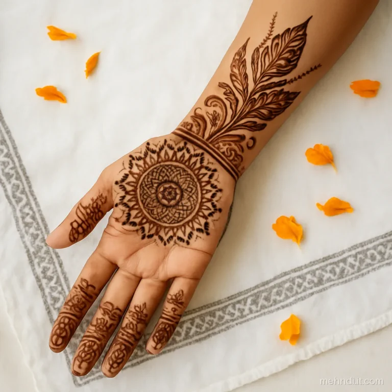 Bridal palm mixing fine Indian fill at the centre with bold Arabic leaves.