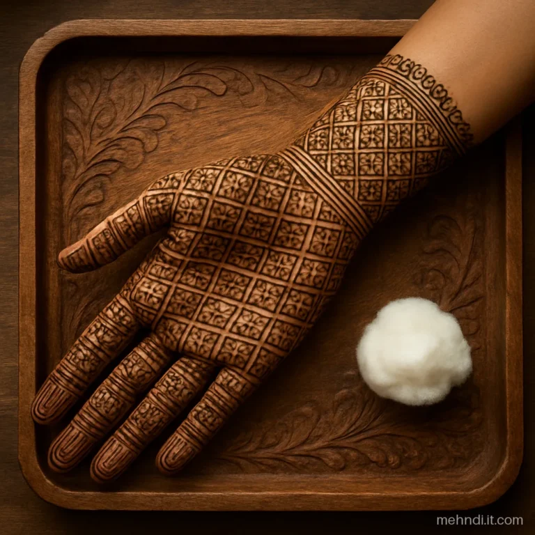 Traditional Marwari palm filled with tiny square boxes of dots and crosses.