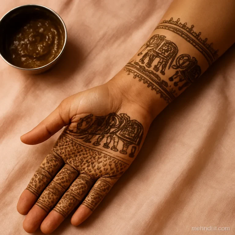Rajasthani bridal mehndi with decorated elephants walking along the forearm.